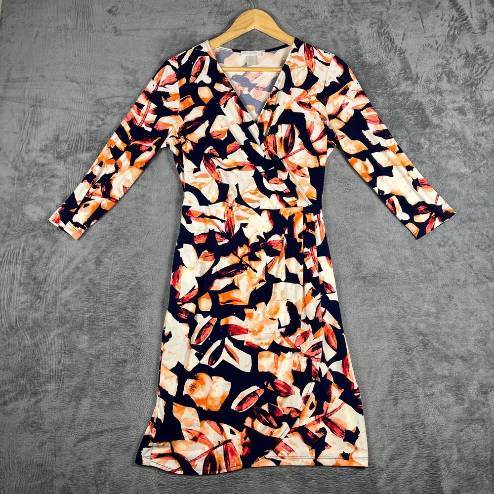 London Times Wrap Dress Womens 8 Multicolor Abstract Floral V Neck Minimalist